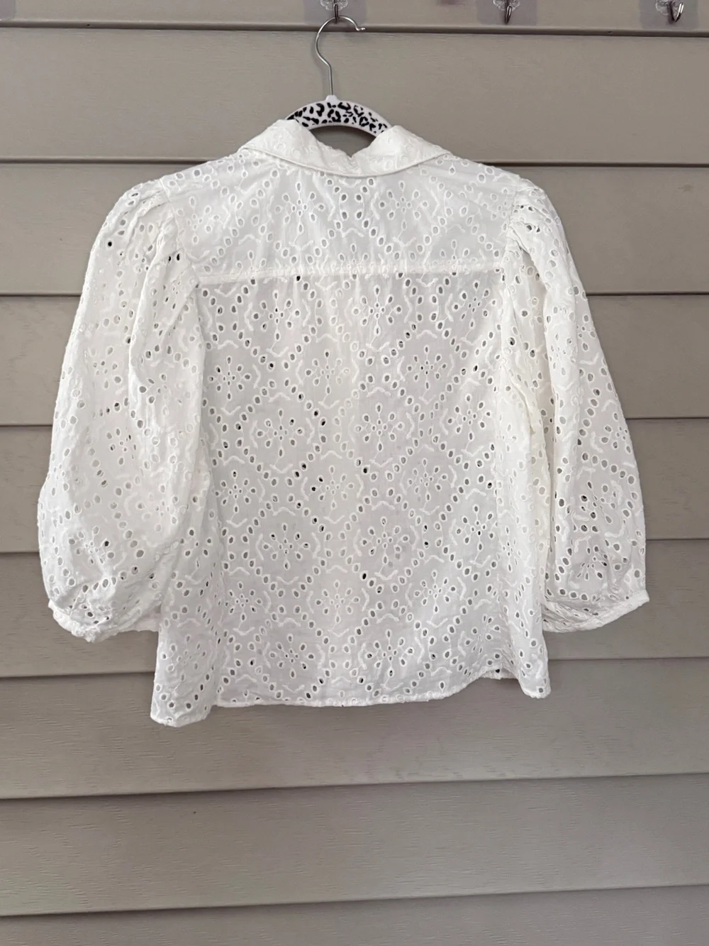 Zara White Eyelet Button-Down Shirt with Puff Sleeves